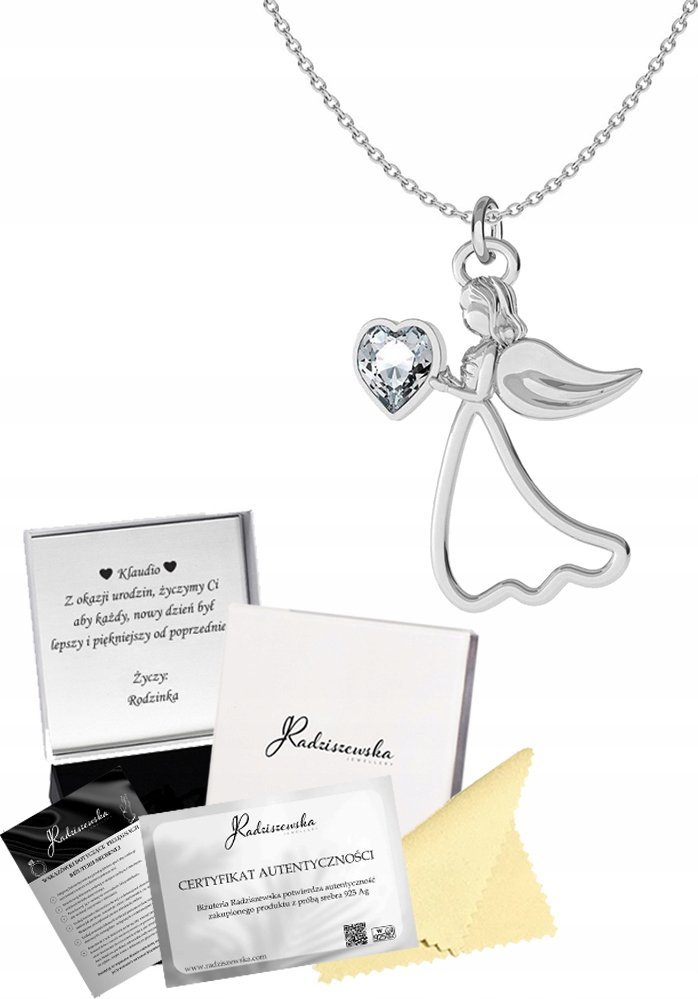 Radziszewska Jewellery Naszyjnik z Aniołkiem Anioł z Sercem SREBRO 925 Komunia ŻYCZENIA GRATIS