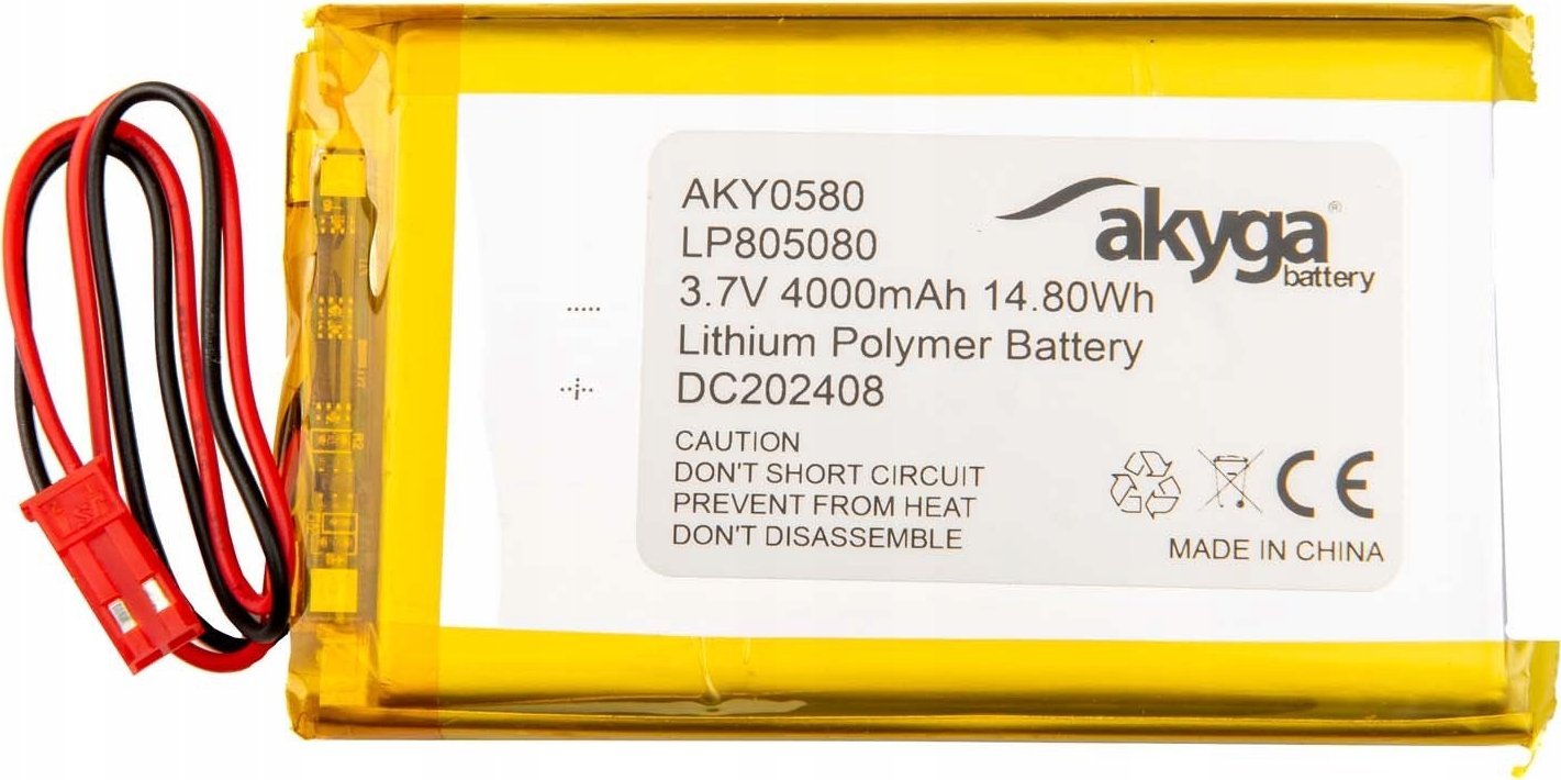Akumulator Li-Po LP805080 Akyga AKY0580 3.7V / 4000mAh PCM złącze JST 2-Pin 150mm