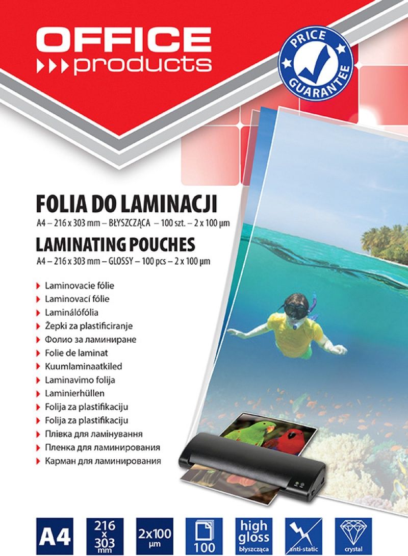 Office Products FOLIA DO LAMINOWANIA OFFICE PRODUCTS, A4, 2X100MIKR., BŁYSZCZĄCA, 100SZT., TRANSPARENTNA 20325425-90