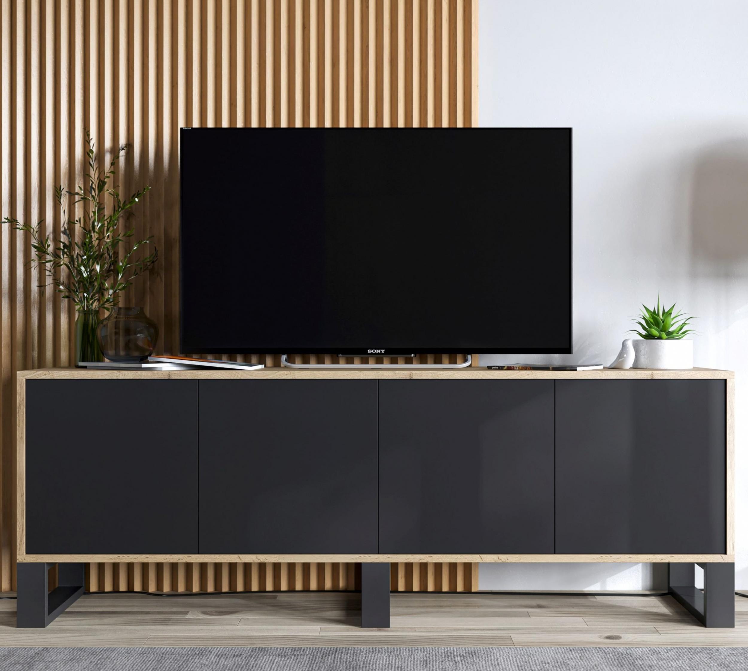 Meble Lindner Szafka RTV Loft Komoda RTV Industrialna dąb Wotan czarny MAT 150 cm