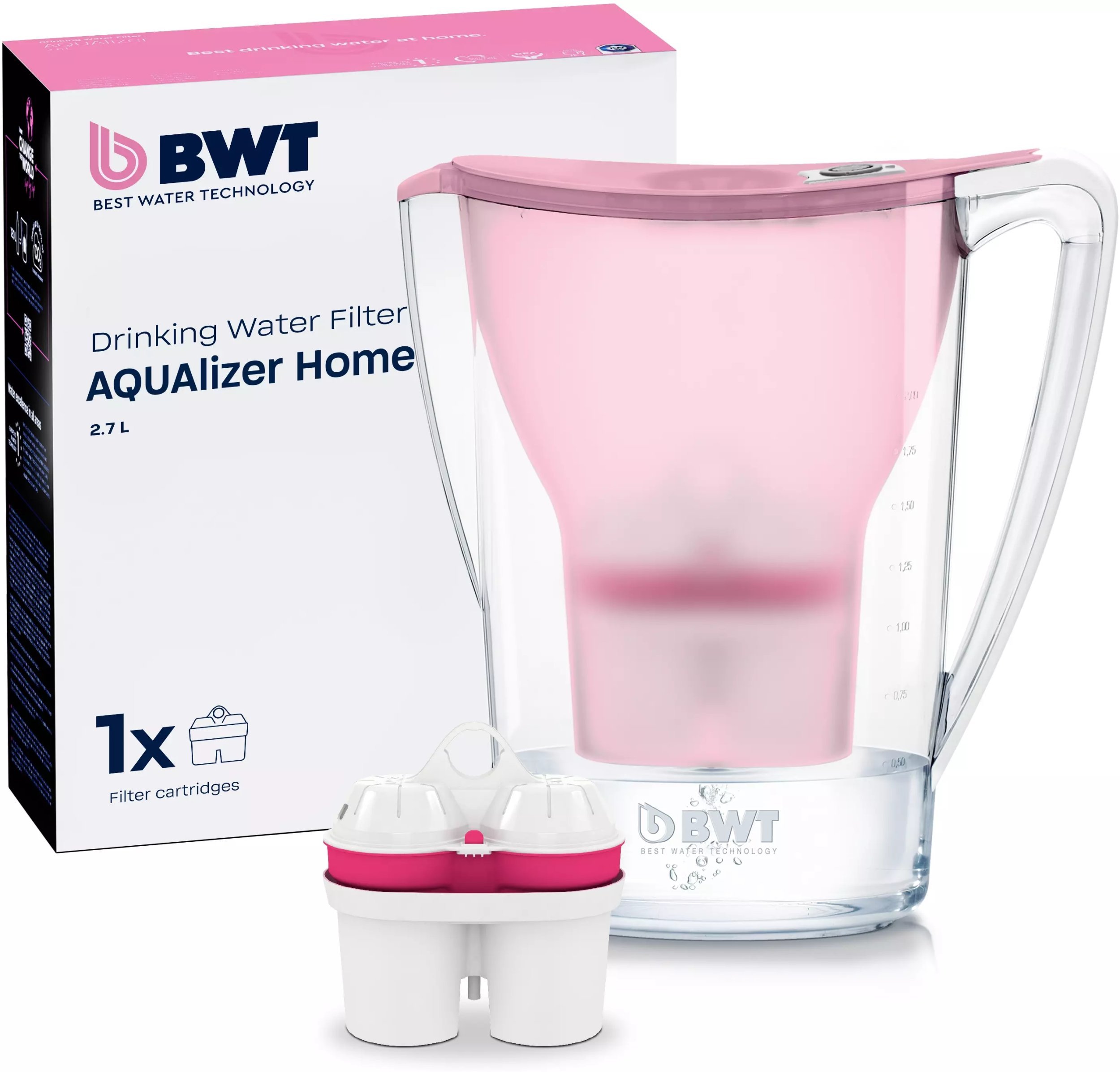 Dzbanek filtrujący BWT Dzbanek filtrujący wodę Aqualizer Home 2.7L Różowy - manualny z wkładem Mg2+