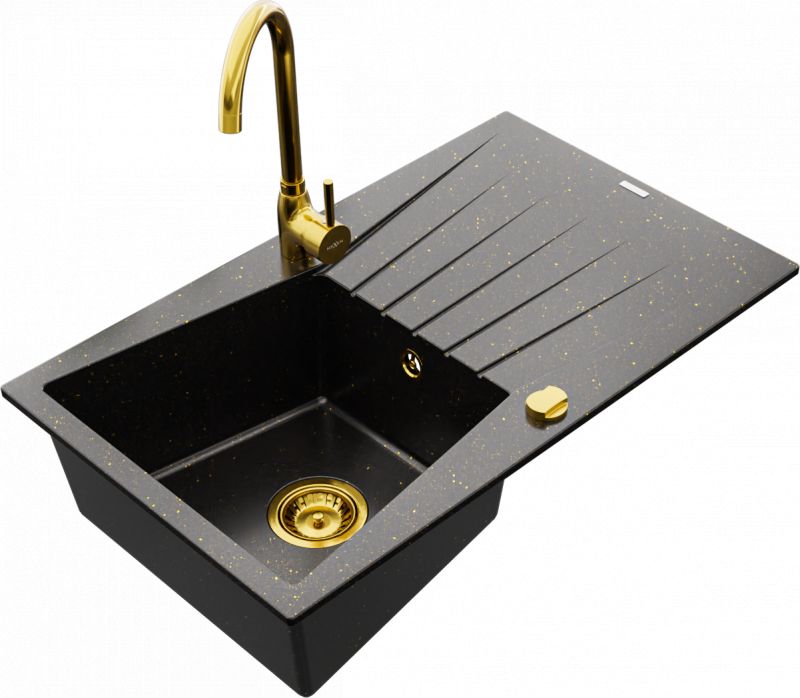 Zlewozmywak Mexen Mexen Cesar zlewozmywak granitowy 1-komorowy z ociekaczem i baterią kuchenną Telma, czarny/złoty - 6514-75-670200-50