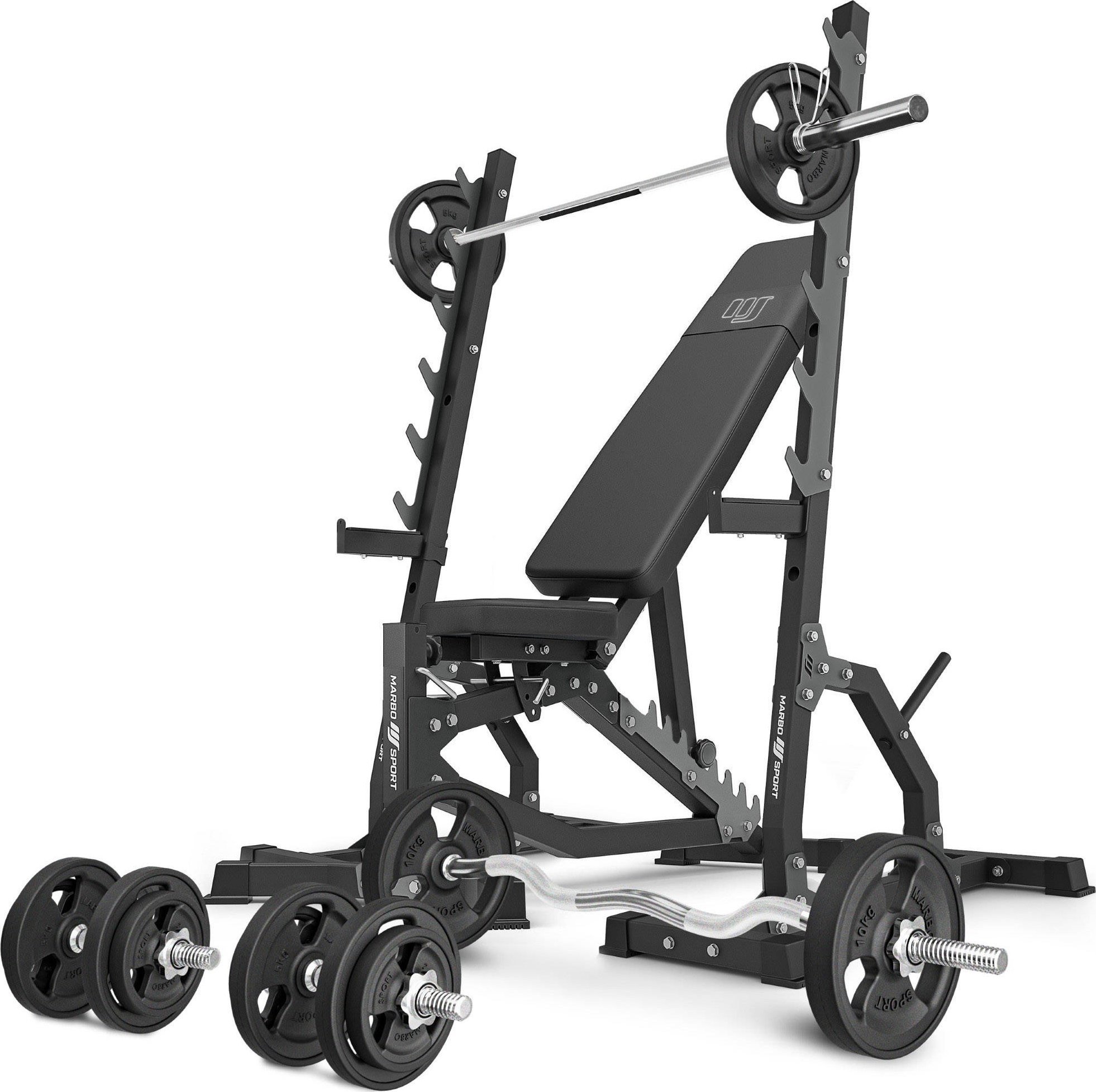 Zestaw MS8_2.0_83KG_G | Dwustronnie regulowana ławka treningowa + wielopoziomowe stojaki (2 sztuki) + zestaw gryfów i obciążeń gumowanych 83 kg - Marb