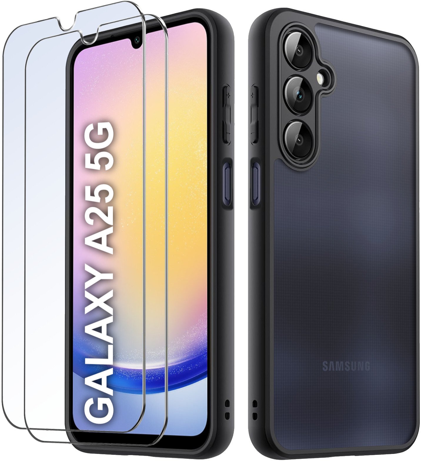 Etui do Samsung A25 5G MATOWE WZMACNIANE CZARNE ZESTAW 2x SZKŁO