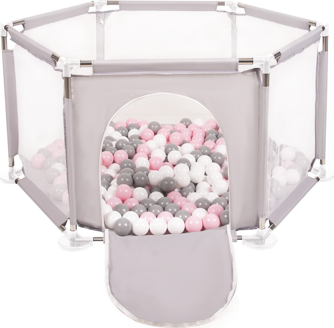 Selonis Sześciokąt składany KS-100X z piłeczkami 6cm szary: biały-szary-pudrowy róż 63x64/200piłek Zabawka kojec