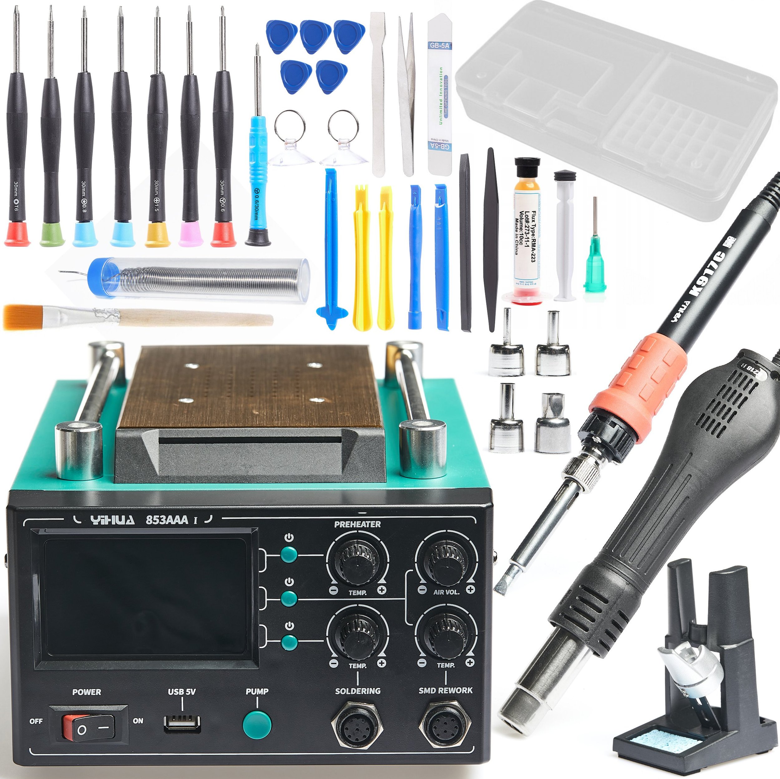 Stacja Lutownicza Yihua 853AAA-I + Akcesoria GSM Cyna Topnik Box Techrebal