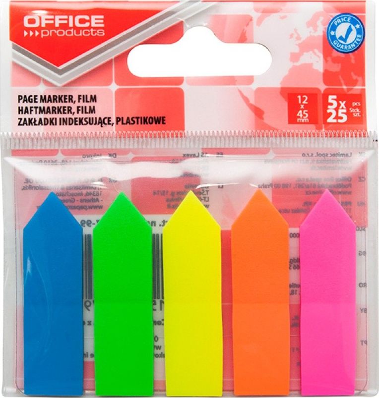 Office Products Zakładki indeksujące OFFICE PRODUCTS, strzałka, PP, 12x45mm, 5x25 kart., zawieszka, mix kolorów