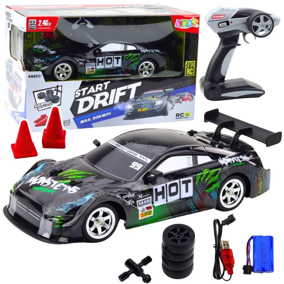 Samochód Wyścigowy Auto Do Driftu RC Czarno Zielone 30km/h 1:16 LEAN Toys