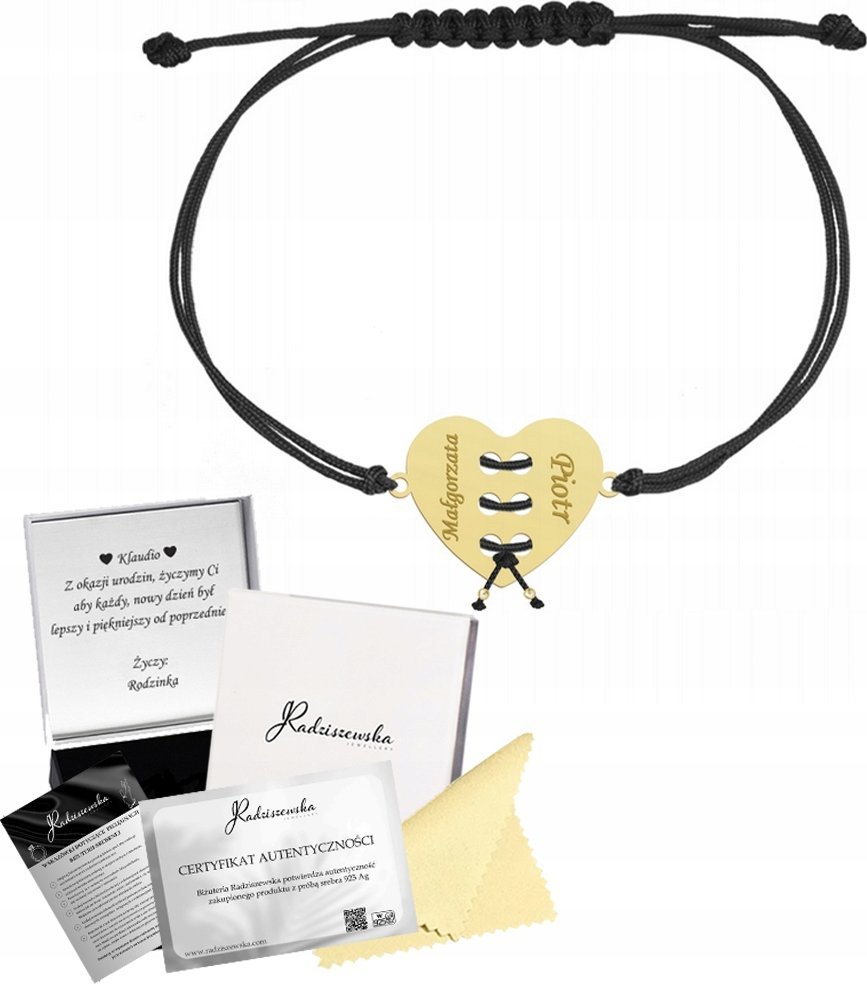 Radziszewska Jewellery Bransoletka Złota z Sercem Sznurek 925 Prezent Dzień Matki GRAWER GRATIS