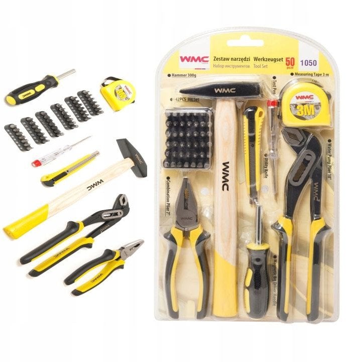Zestaw narzędzi 50el (wkrętak, bity, szczypce, młotek, kombinerki, miarka, worek)