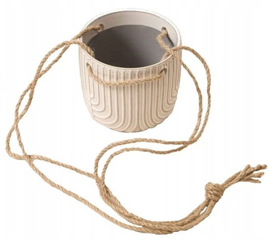 Doniczka ceramiczna wisząca 12,8x13,6cm kremowa ze sznurkami jutowymi