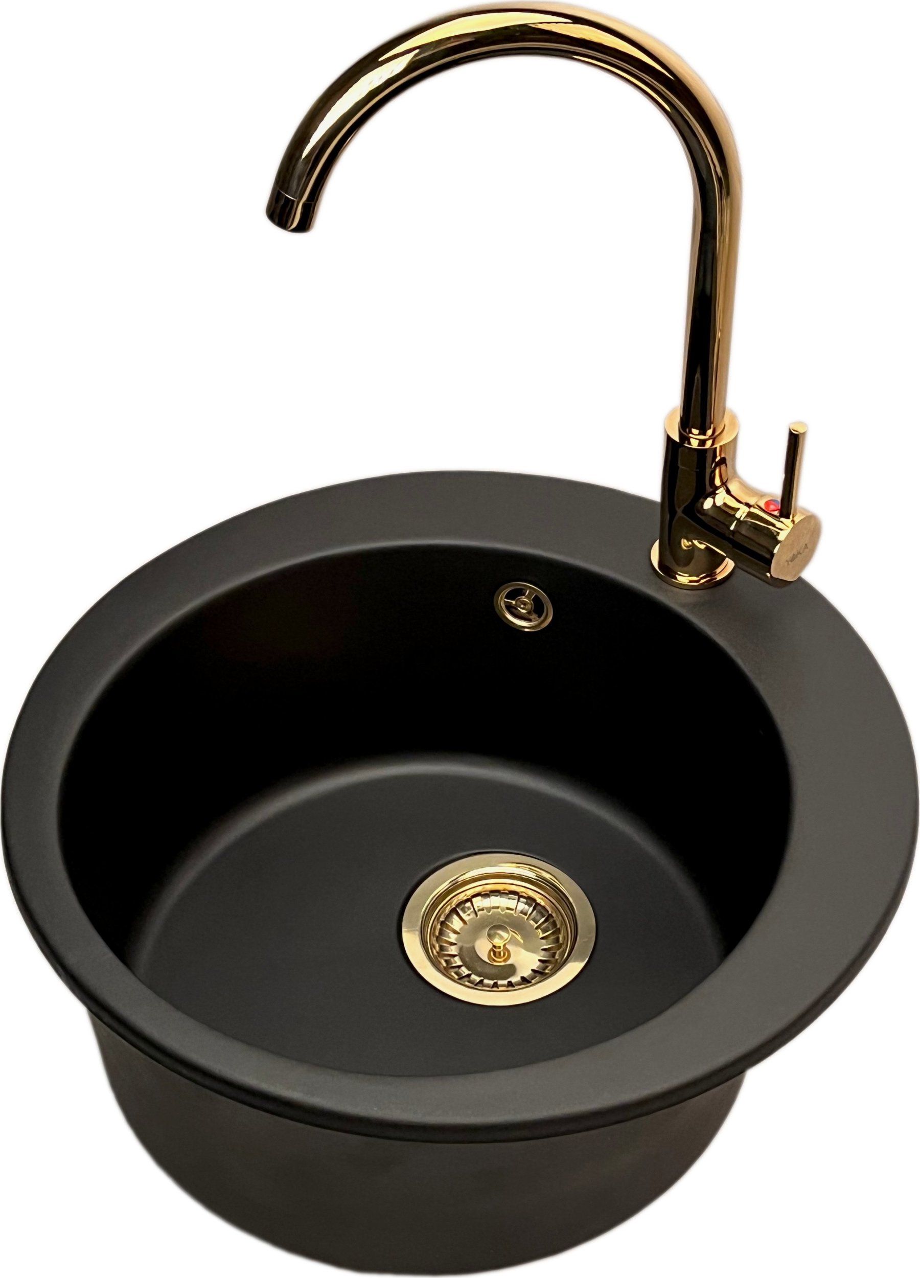 Zlewozmywak PREHNIT Zlewozmywak jednokomorowy okrągły VIVA czarny + bateria złota