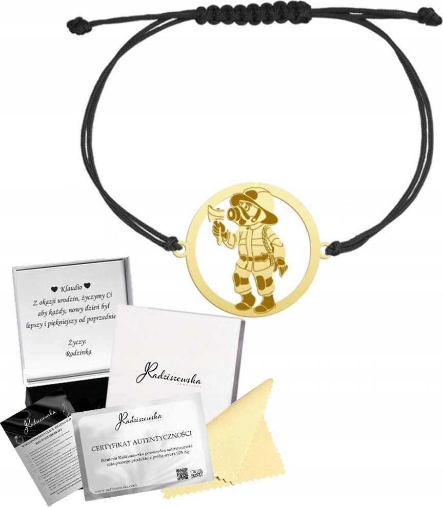 Radziszewska Jewellery BRANSOLETKA ZŁOTA STRAŻAK STRAŻ SZNUREK SREBRO 925 GRAWER PREZENT ŻYCZENIA