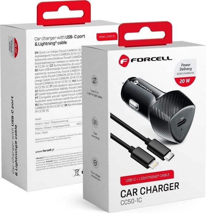 Ładowarka ForCell FORCELL F-ENERGY Carbon CC50-1C ładowarka samochodowa Typ C + kabel Typ C do Lightning PD 3A 20W czarna