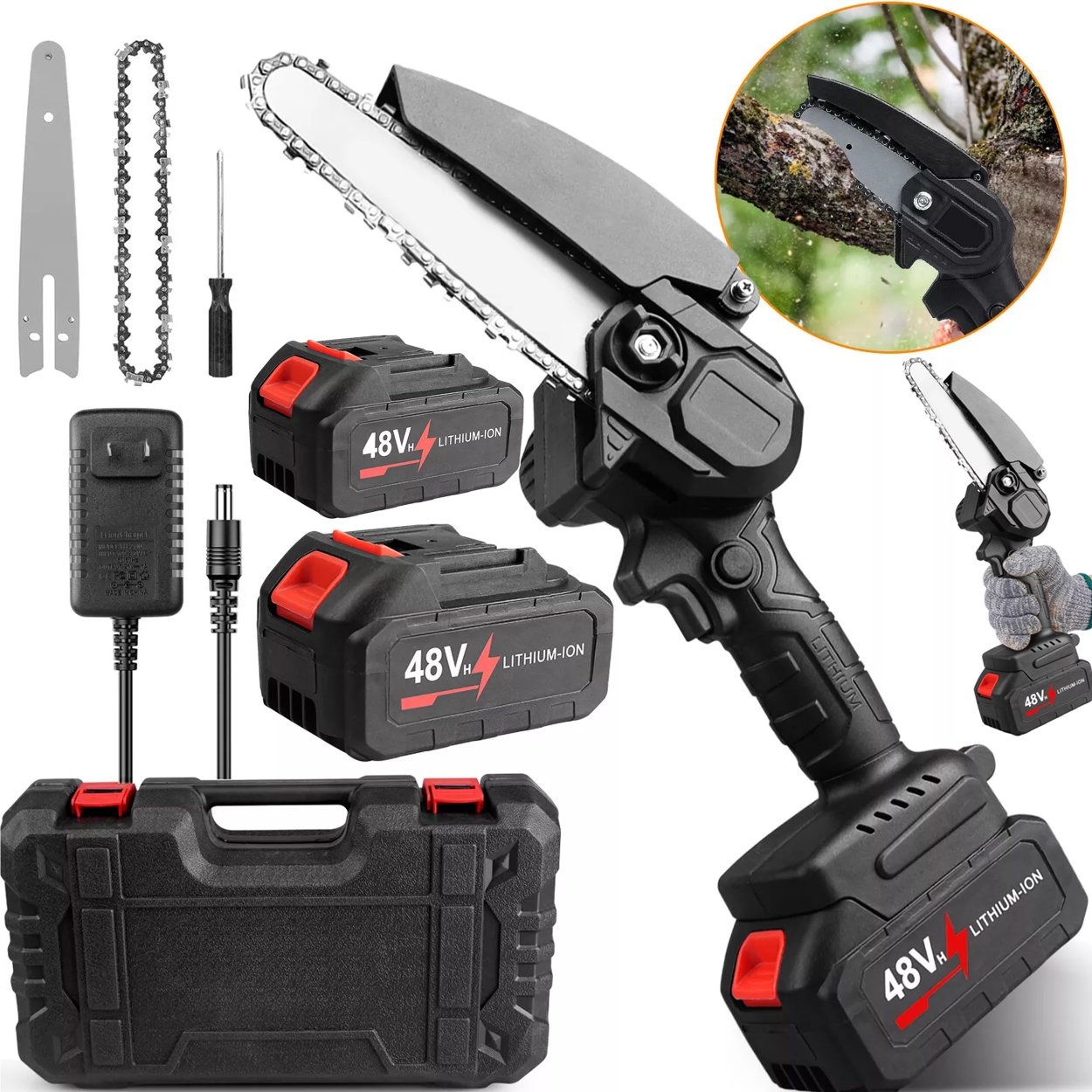 Akumulatorowa Piła Łańcuchowa 6 Mini Pilarka Gałęziowa 850W, 2x Akumulator, Łańcuch