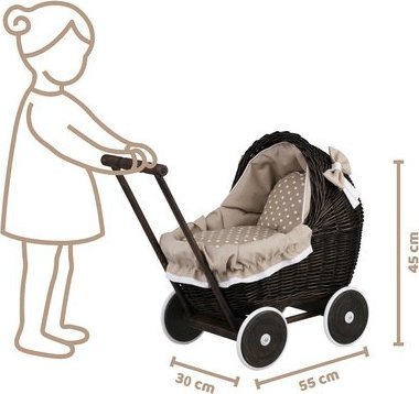 WickerPL LILI WIKLINOWY WÓZEK DLA LALEK Z beżowym OBSZYCIEM 48X28 H26/47 CM