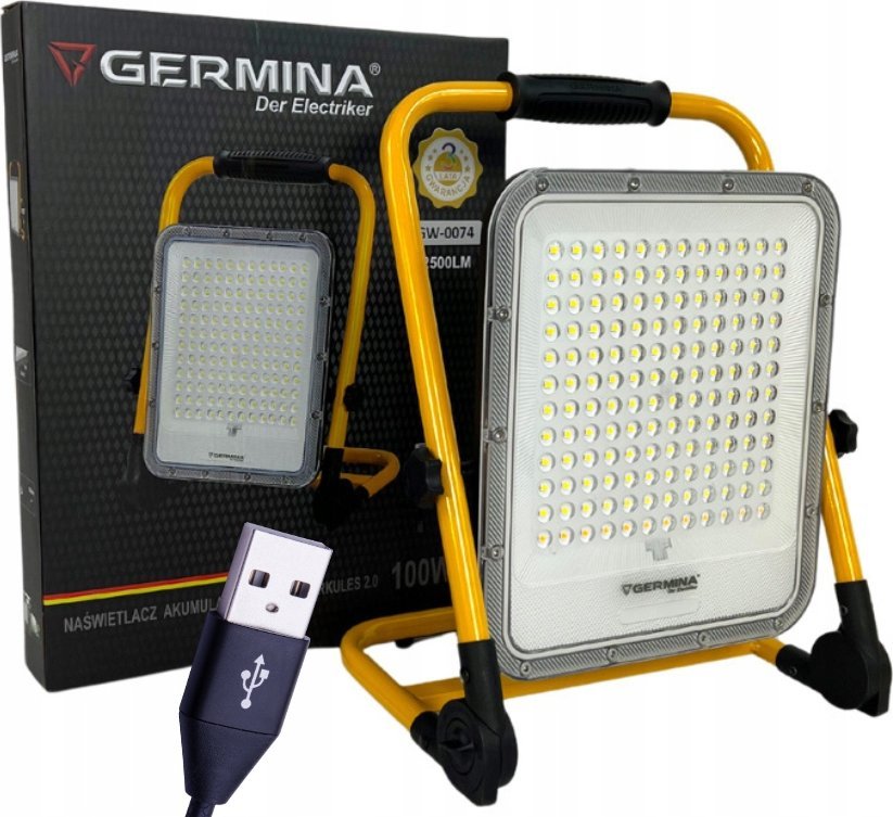 Naświetlacz Germina Naświetlacz LED ładowalny, 100 W, 2500 lm, 6500 K, IP65, Herkules, GERMINA