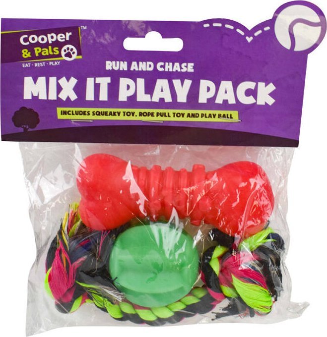 Cooper & Pals Zestaw zabawek dla psa - piszcząca kostka, lina do ciągania, piłka