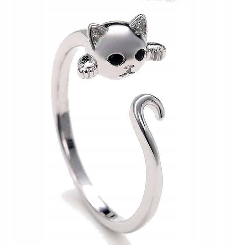 Srebrny DAMSKI PIERŚCIONEK REGULOWANY Uniwersalny PREZENT KOTEK OGON UROCZY