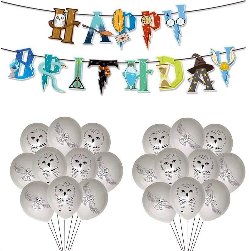 Zestaw Urodzinowy Harry Potter Sowa Balony 20 szt + Girlanda Happy Birthday