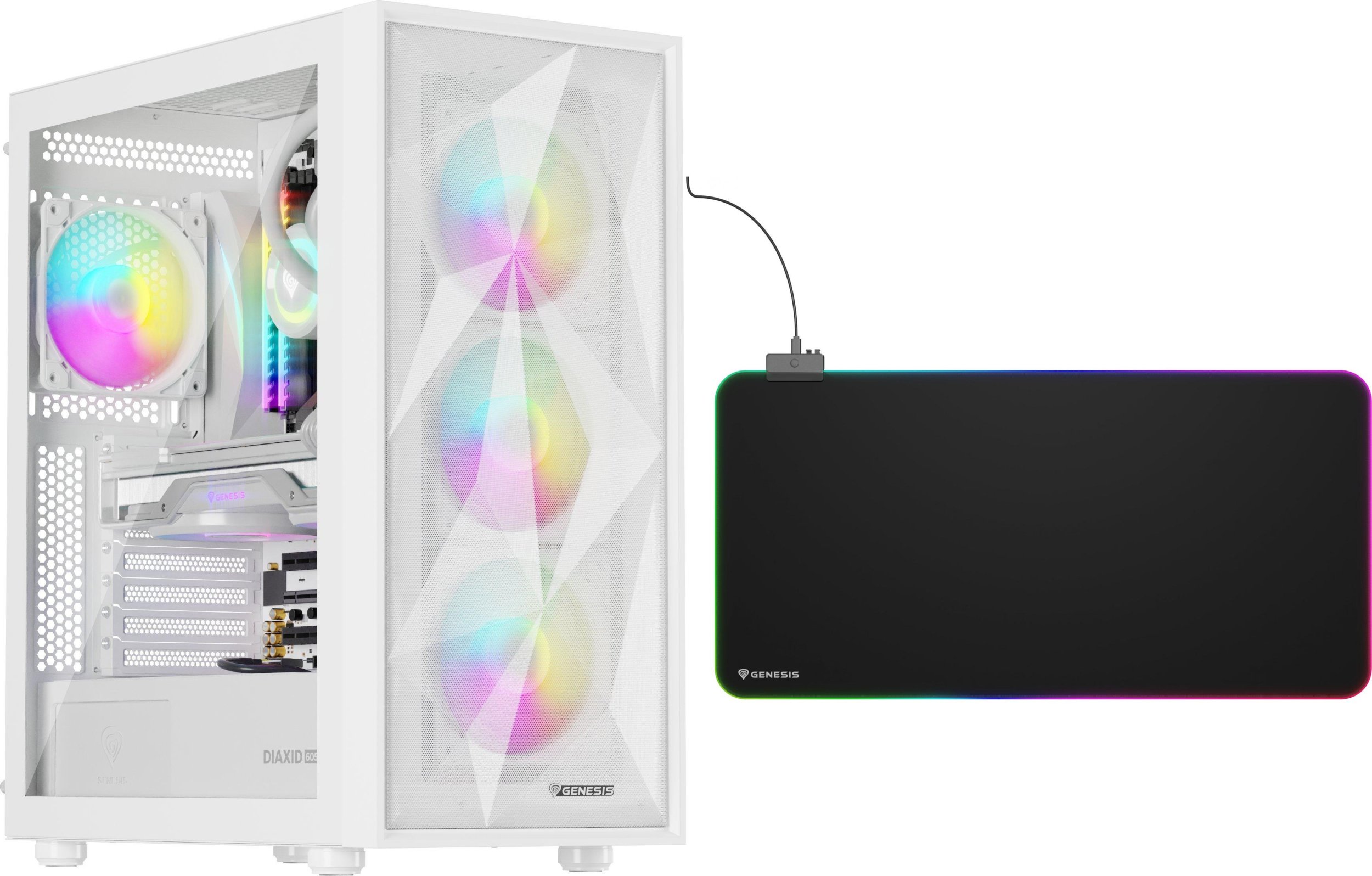 Obudowa Genesis Diaxid 605 ARGB biała (NPC-2173) + Podkładka Genesis Boron 500 XXL RGB LOGO (NPG-2110)