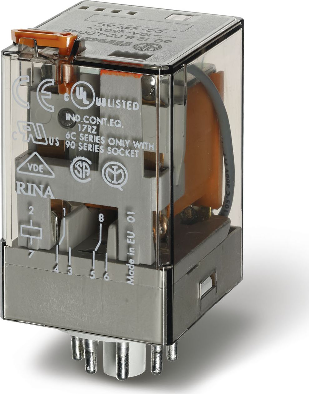 Finder przekaźnik przemysłowy 2P 10A 24V AC, przycisk testujący, LED, mechaniczny wskaźnik zadziałania (60.12.8.024.0054)