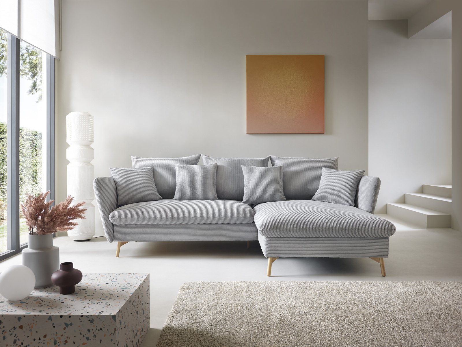 Narożnik skandynawski z funkcją spania MORRE Poso 55 Jasny Popiel sztruks