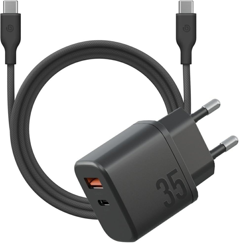 Ładowarka sieciowa Bazic Goport Velox Kit 1xUSB-C 1xUSB-A GaN 35W z kablem plecionym czarny