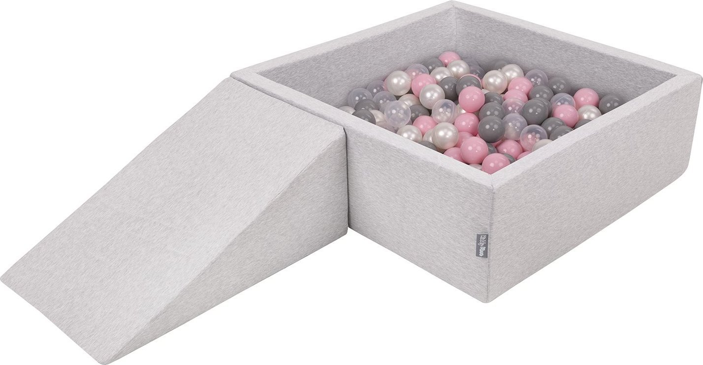 KiddyMoon Piankowy plac zabaw PPZP-KW30D-112 z piłeczkami jasnoszary: perła-szary-transparent-pudrowy róż basen 200/klin L Zabawka plac zabaw