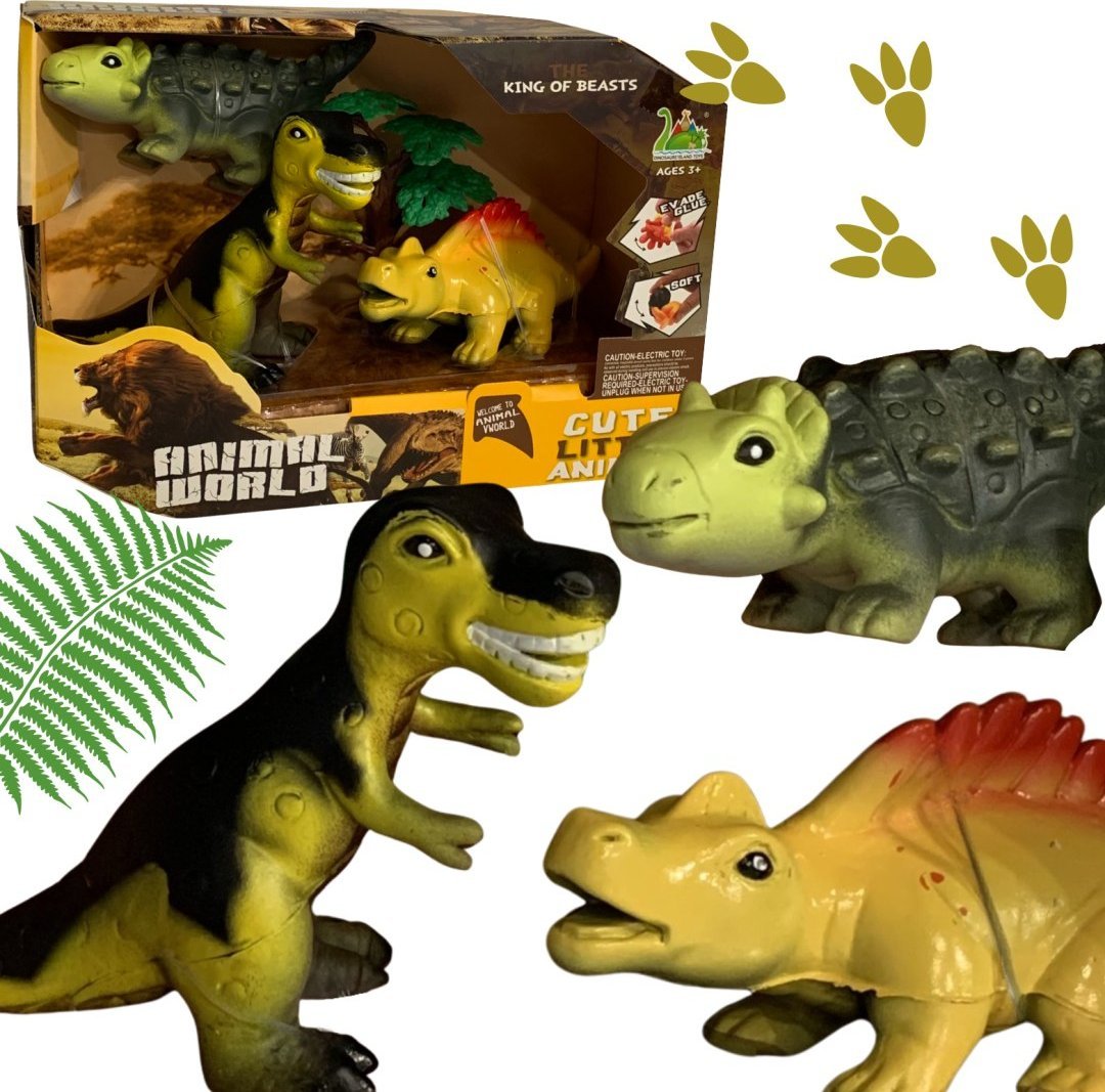 ZESTAW 3 DINOZAURÓW TRZY FIGURKI RÓŻNE RODZAJE DRZEWKO ZESTAW DLA DZIECI