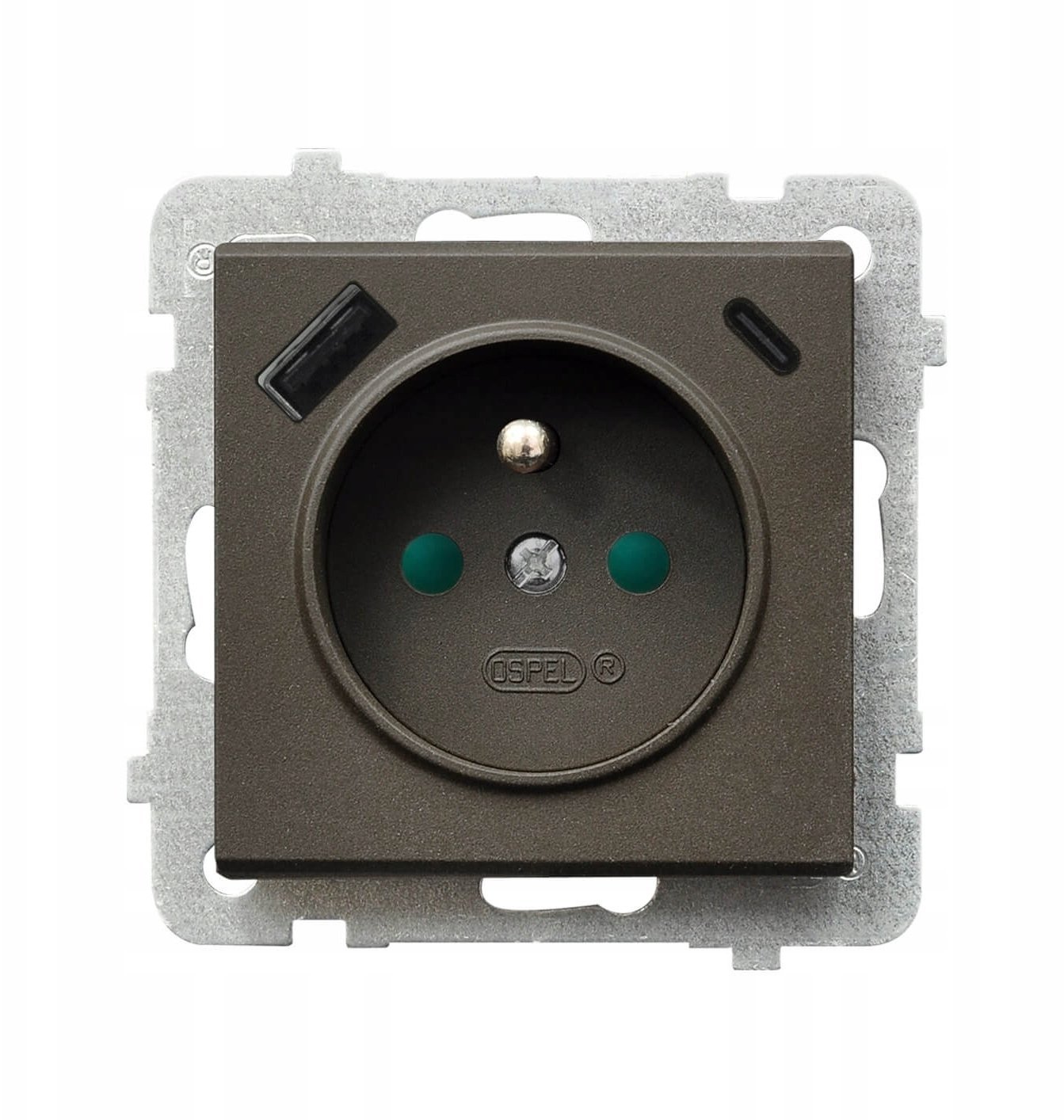Ospel SONATA Gniazdo single with grounding and protective shutters for current tracks, z ładowarką USB A+C chocolate metallic GP-1RZPUSBAC/m/40