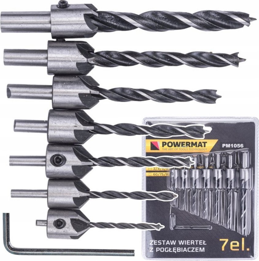 Wiertło Powermat ZESTAW WIERTEŁ DO DREWNA Z POGŁĘBIACZEM WIERTŁA 7