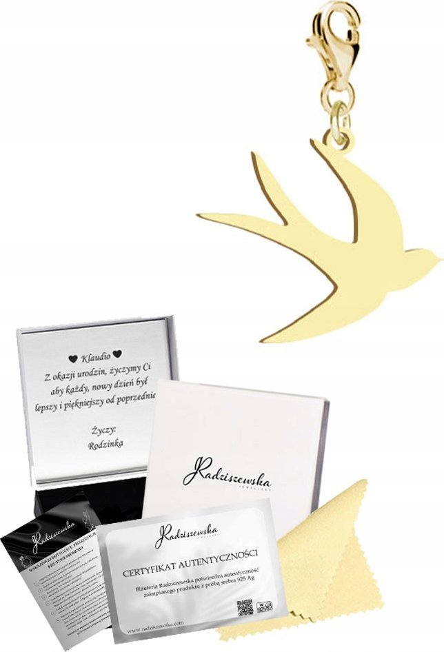 Radziszewska Jewellery Złoty Charms JASKÓŁKA Karabińczyk SREBRO 925 Prezent DEDYKACJA GRATIS