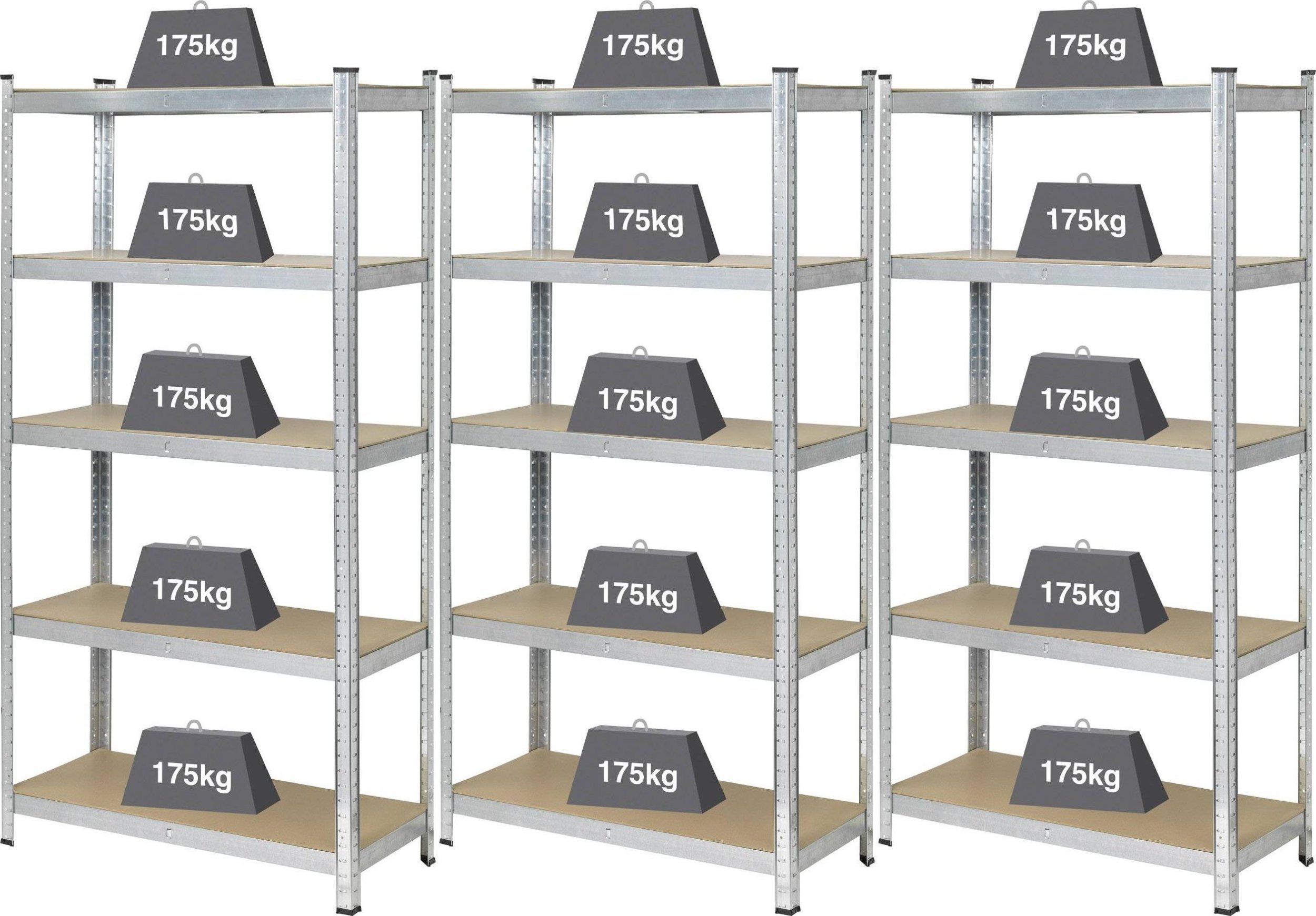 Basetech Basetech 2142910 Reol til tunge genstande 175 kg sæt med 3 stk. (B x H x T) 900 x 1800 x 400 mm GS Metal, MDF Trægulv Forzinket, Sølv
