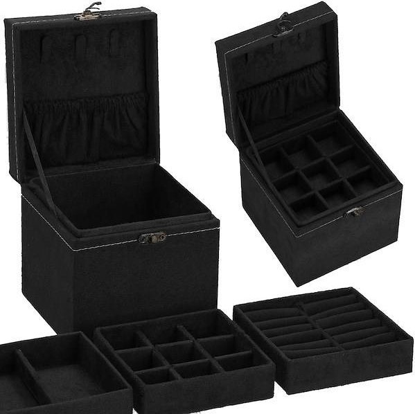 Springos Szkatułka na biżuterię 12x12x12 cm czarny welurowy organizer z przegródkami UNIWERSALNY
