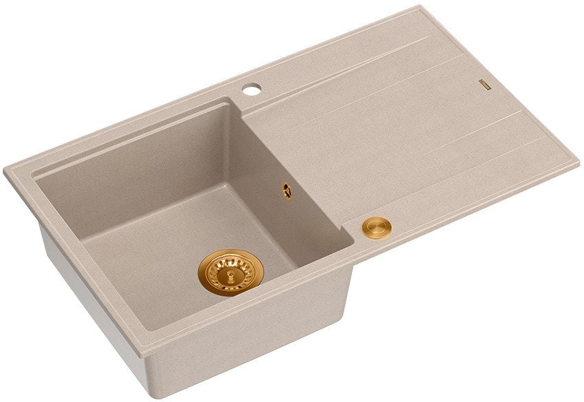 EVAN 111 GraniteQ zlewozmywak z syfonem Push 2 Open 1-komorowy z/o (860x500x210) pearl beige / elementy miedziane