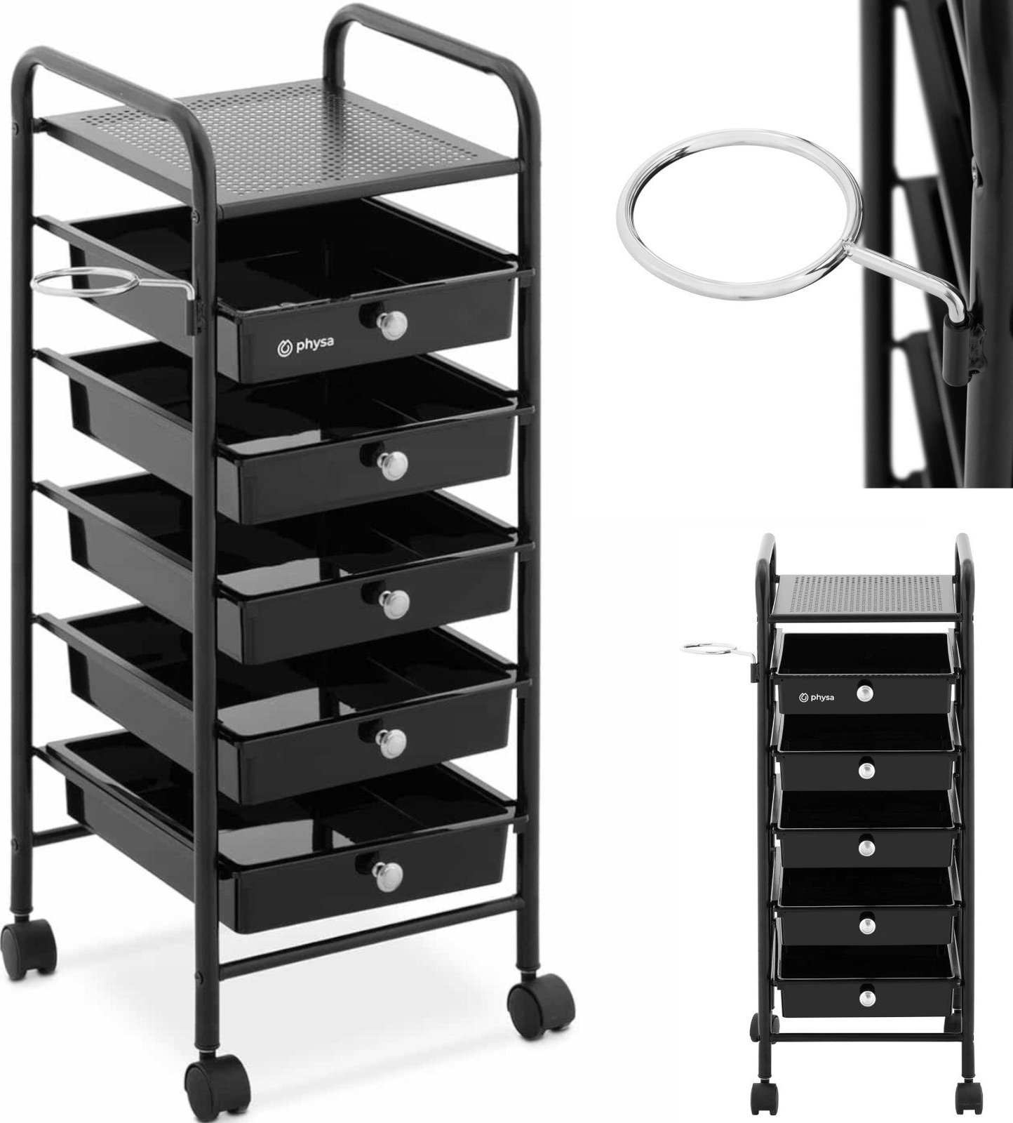 Physa Wózek pomocnik fryzjerski z uchwytem na suszarkę 5 szuflad półka 330 x 320 mm Wózek pomocnik fryzjerski z uchwytem na suszarkę 5 szuflad półka 3