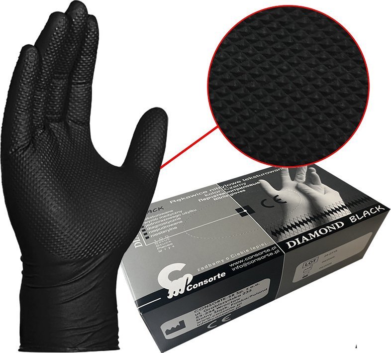 Consorte Rękawice Gumowe M Nitrylowe Teksturowane Diament Czarne Diamond 100 Sztuk Consorte Remedblack M 5901832517245