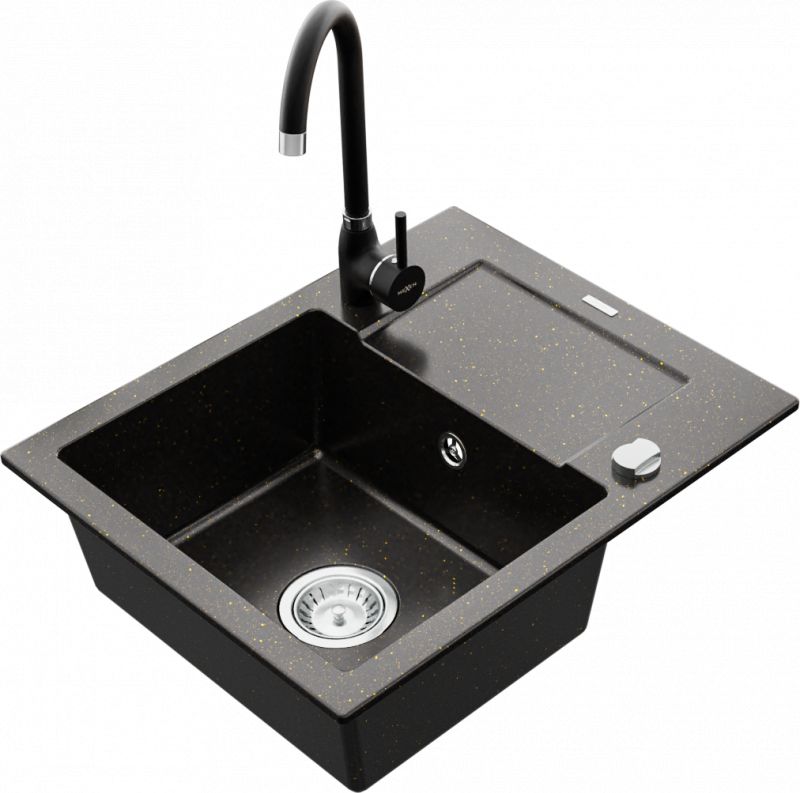 Zlewozmywak Mexen Mexen Enzo zlewozmywak granitowy 1-komorowy z ociekaczem i baterią kuchenną Telma, czarny/złoty - 6506-75-670200-70