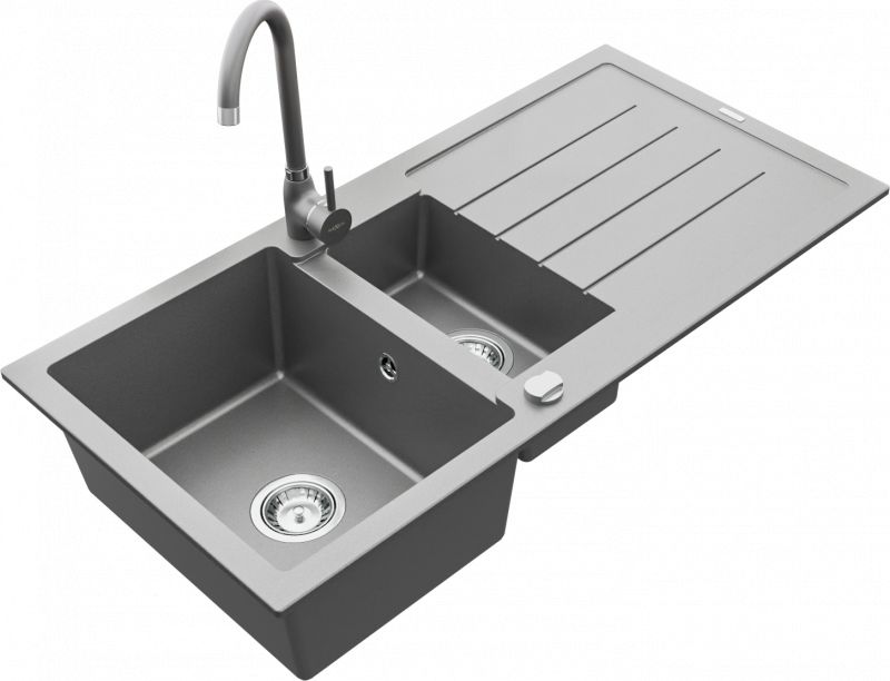 Zlewozmywak Mexen Andres granitowy 1,5-komorowy z ociekaczem i baterią kuchenną Telma, szary - 6515-71-670200-71