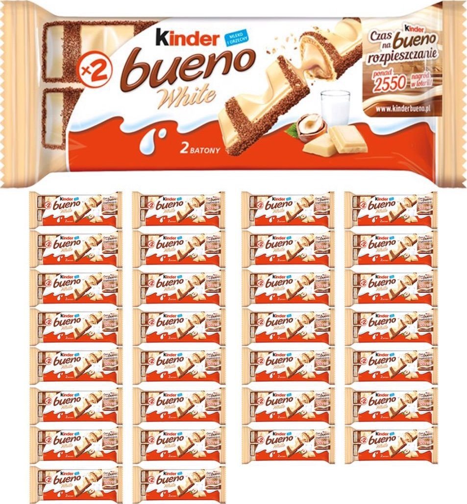 Kinder Bueno White Wafel w białej czekoladzie z mleczno-orzechowym nadzieniem 39g x30sztuk