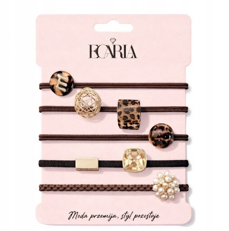 ECARLA Zestaw frotek gumek 5w1 na plakietce Brązowe z kamieniami złote GUM186