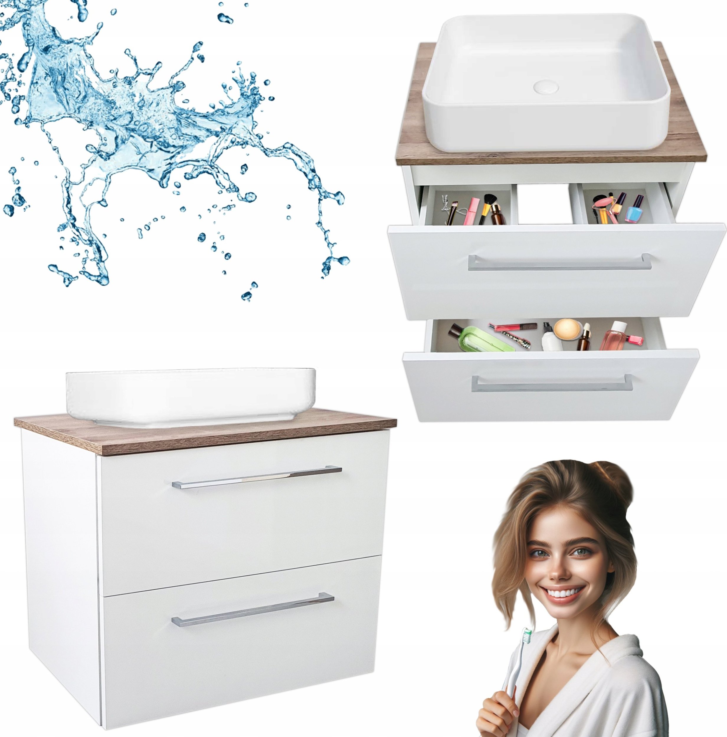 Stamar Szafka Łazienkowa 60 Biała Wisząca z Blatem Dąb San Remo Umywalka Nablatowa