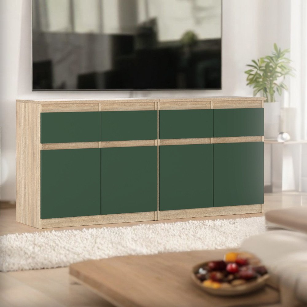Komoda Pojemna Duża Szafka 4 Szuflady 160cm Dąb Sonoma Butelkowa Zieleń