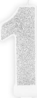 Świeczka urodzinowa, cyferka 1, srebrna brokatowa, 7 cm. uniwersalny