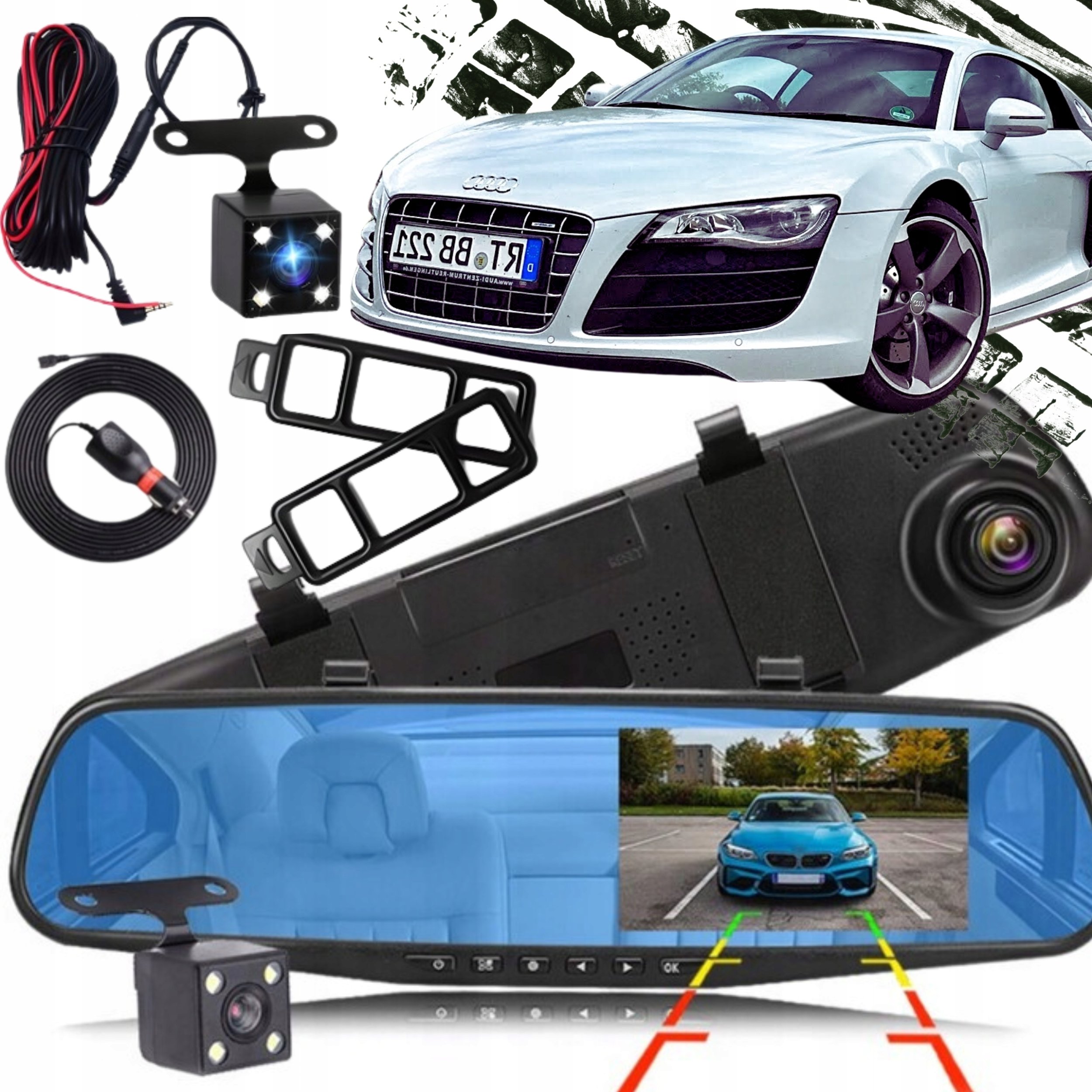 Wideorejestrator samochodowy kamera cofania w lusterku full hd przód tył