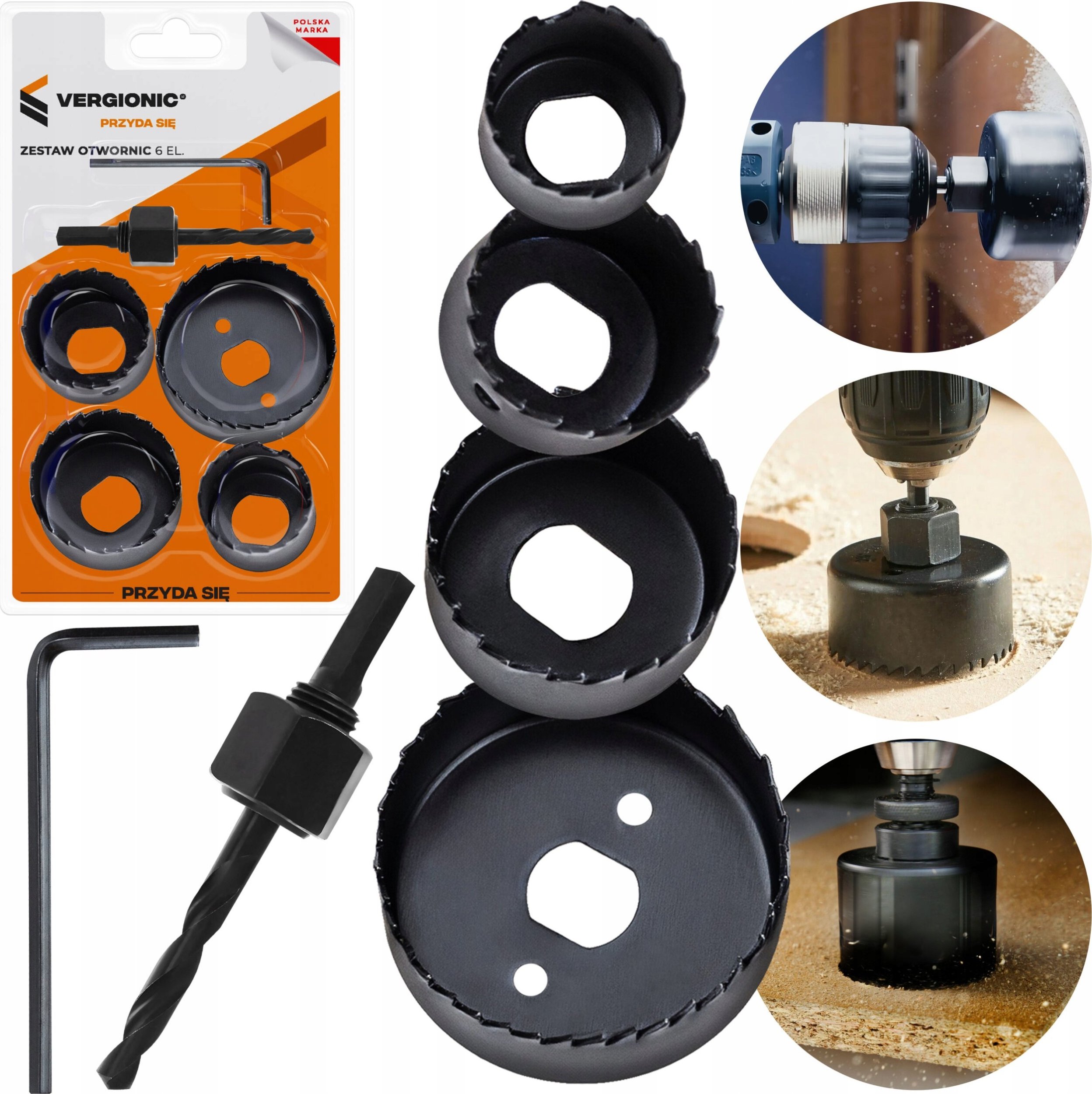 VERGIONIC ZESTAW OTWORNIC OTWORNICE PUSZKOWE KORONKOWE FREZY DO DREWNA 6 sztuk
