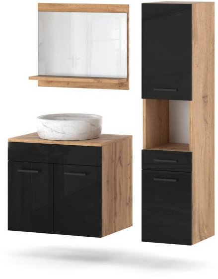 Zestaw Łazienkowy Szafka Z Umywalką 90cm Wisząca Lustro Słupek Wotan Czarny