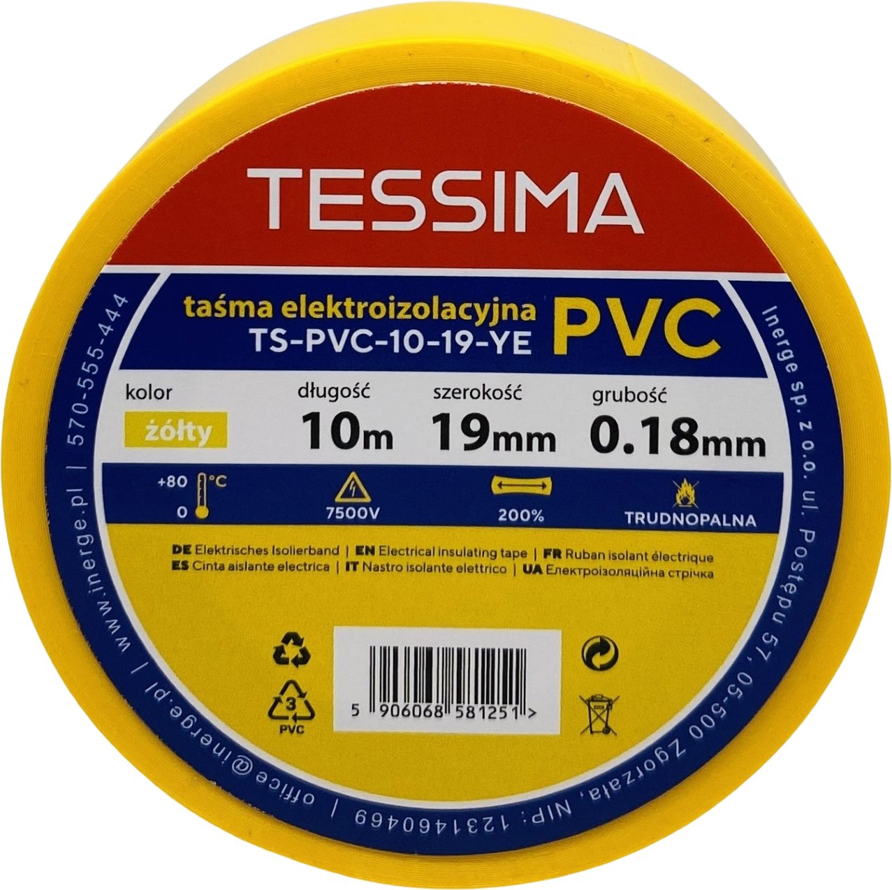 Taśma elektroizolacyjna 10m 19mm 0.18mm żółta TESSIMA