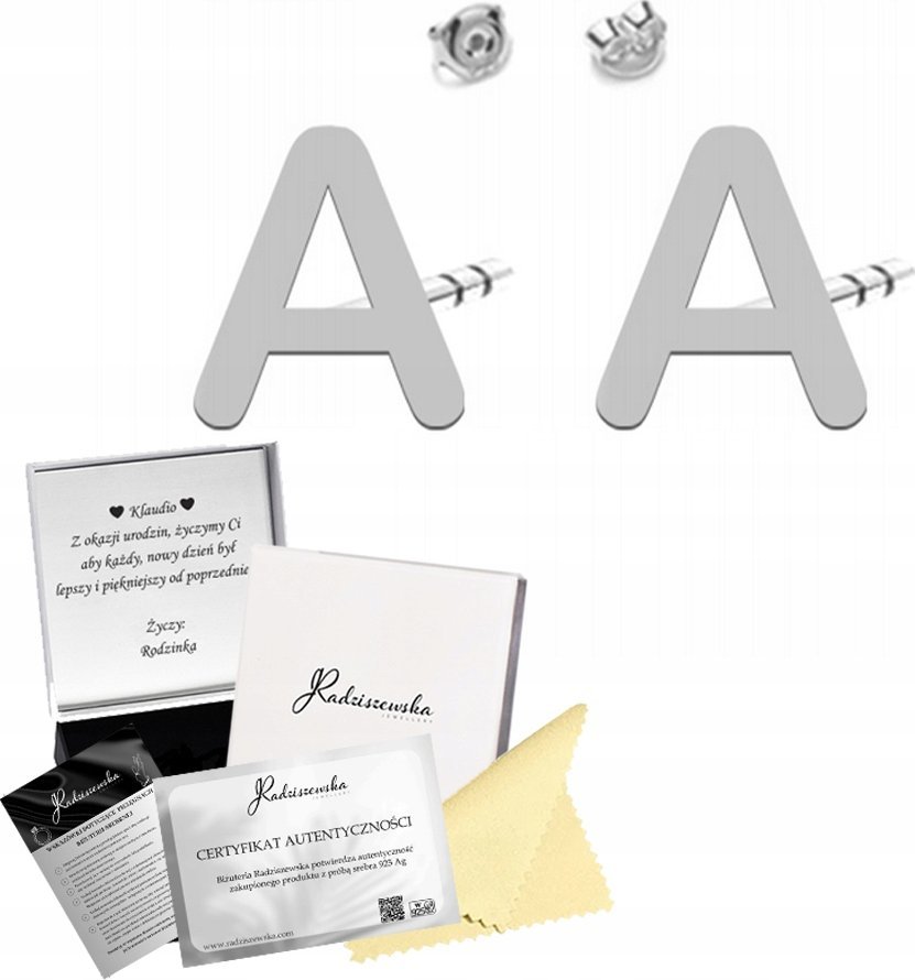 Radziszewska Jewellery Kolczyki z Literą SREBRO 925 Sztyfty Damskie Prezent ŻYCZENIA GRATIS